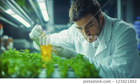 A scientist in a lab coat examines a liquid sample in a beaker while conducting research in a high-tech agricultural lab. 123821882