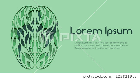Horizontal banner with paper cut eco brain. Vector 3d layered card with healthy human brain from foliage. Postcard with internal organ from leaves Horizontal banner with paper cut eco brain. Vector 3d layered card with healthy human brain from foliage. Postcard with internal organ from leaves 123821913