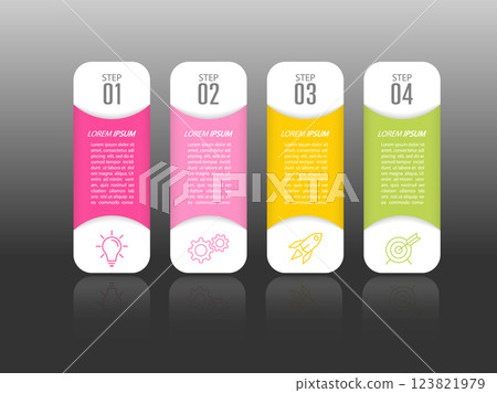 Infographics. 4 stages of development, marketing, workflow or plan. Business strategy with icons. Report and statistics diagram. 123821979