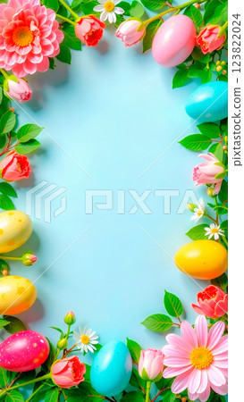 Easter frame on blue background with Easter eggs and tender flowers in clean pastel colors. Copy space Easter frame on blue background with Easter eggs and tender flowers in clean pastel colors. Copy space 123822024
