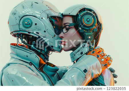 Cyborg man and woman hugging and kissing. Apocalypse, future of technology 123822035
