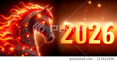Figures 2025 and the head of red horse with fiery mane decorated with gold patterns and jewels. Banner. Chinese New Year. Close-up 123822036
