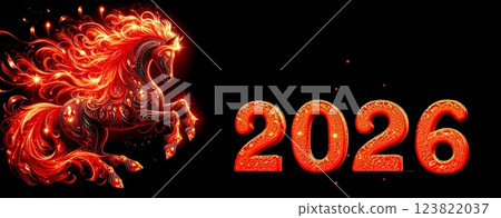 Figures 2025 and red horse with flaming mane decorated with gold patterns and gems. Banner. Chinese New Year. Copy space 123822037