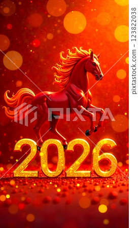 Golden numerals 2025 and red horse with fiery mane. Chinese New Year 123822038
