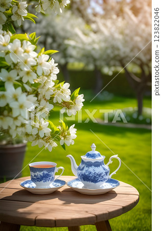 An exquisite tea party in spring garden under blossoming apple tree An exquisite tea party in spring garden under blossoming apple tree 123822046