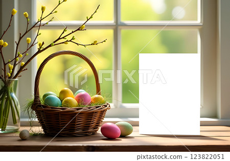 Easter composition with blank sheet of paper, dyed eggs and blossoming branch at the window with spring greenery behind it. Layout, mockup. Rustic style 123822051