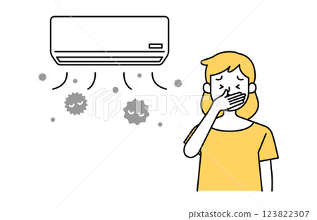 Vector illustration of a woman suffering from a dirty air conditioner Simple Dust Mold Virus Bacteria 123822307
