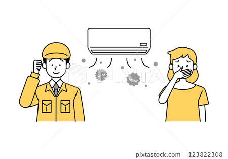 簡單的向量插圖:一位女顧客和一位清潔工人因空調髒而煩惱 簡單的向量插圖:一位女顧客和一位清潔工人因空調髒而煩惱 123822308