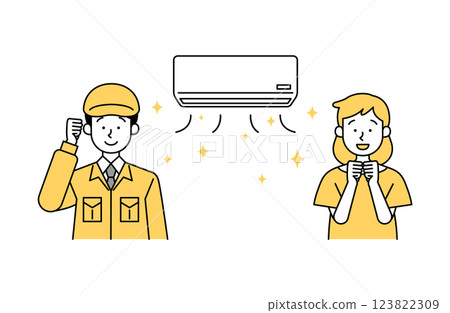 一位女顧客和一位男工作人員對清洗後的空調很滿意。 123822309
