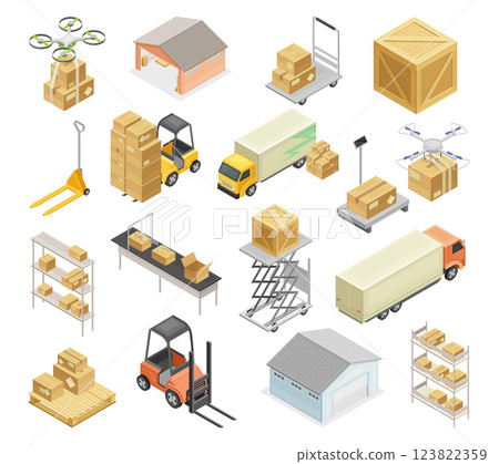 Warehouse Transport and Infrastructure Object Isometric Vector Set 123822359