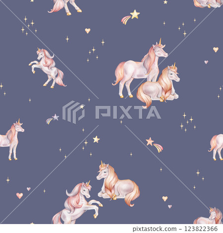 Seamless watercolor pattern with Unicorn and multicolored stars. Hand drawn Illustrations of background for nursery wallpaper, baby decor, textiles, or children paper. Pastel colors pony Seamless watercolor pattern with Unicorn and multicolored stars. Hand drawn Illustrations of background for nursery wallpaper, baby decor, textiles, or children paper. Pastel colors pony 123822366