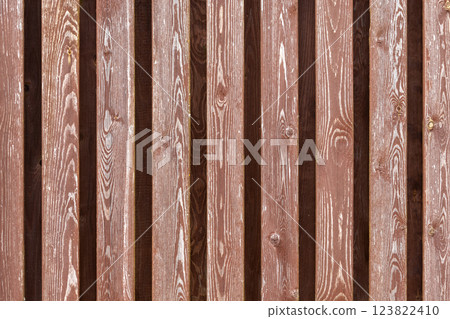Close-up of a wooden fence showcasing vertical brown planks 123822410