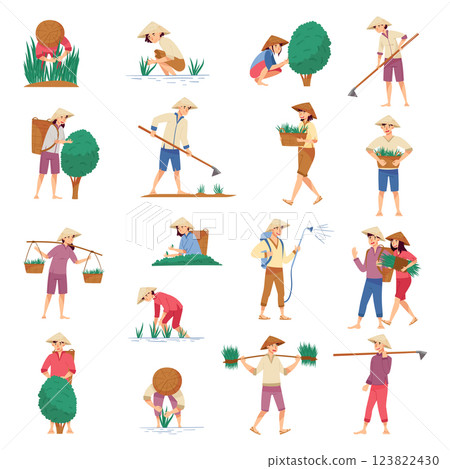 Asian Farmer Man and Woman Character Working on Farm Vector Set 123822430