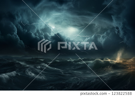 Dramatic dark storm clouds over sea 123822588