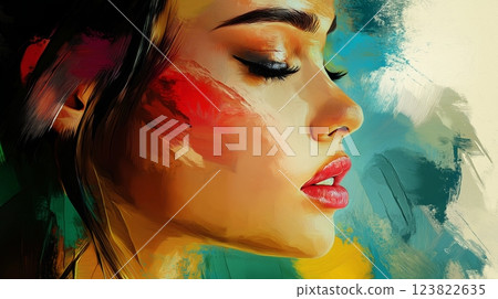 Stunning portrait of a woman with vibrant colors and expressive brushstrokes 123822635