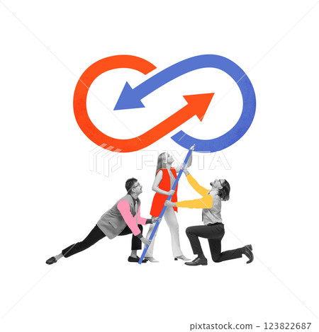 Contemporary art collage. Team raising infinity loop with arrows, symbolizing continuous growth, adaptability, collaboration. 123822687