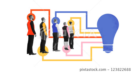 Contemporary art collage. Business professionals following connected pathways leading to light bulb, symbolizing creative thinking, innovation, problem-solving. Contemporary art collage. Business professionals following connected pathways leading to light bulb, symbolizing creative thinking, innovation, problem-solving. 123822688