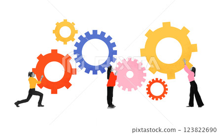 Contemporary art collage. Team adjusting interconnected gears, representing coordination, structured workflow, problem-solving. Contemporary art collage. Team adjusting interconnected gears, representing coordination, structured workflow, problem-solving. 123822690