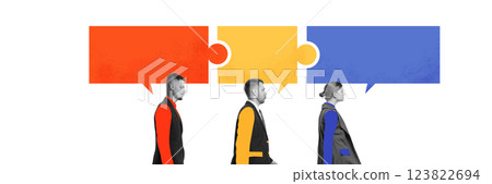 Contemporary art collage. Professionals walking with interconnected speech bubbles, symbolizing structured dialogue, collaboration, idea exchange. 123822694