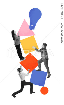 Contemporary art collage. Team stacking geometric blocks towards light bulb, representing innovation, idea generation, creative thinking. 123822699