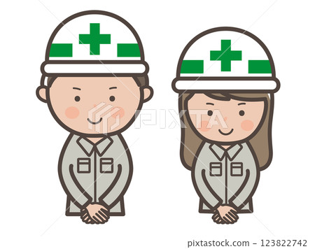Illustration of the upper body of a male and female construction worker serving customers with a smile 123822742