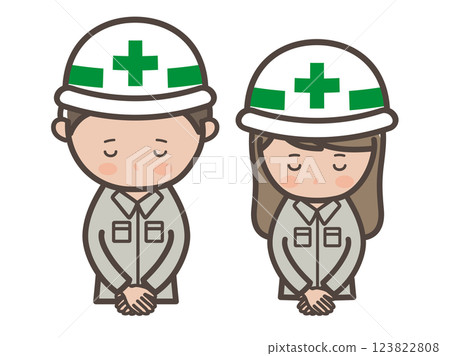 Upper body illustration of male and female construction workers bowing their heads and apologizing 123822808
