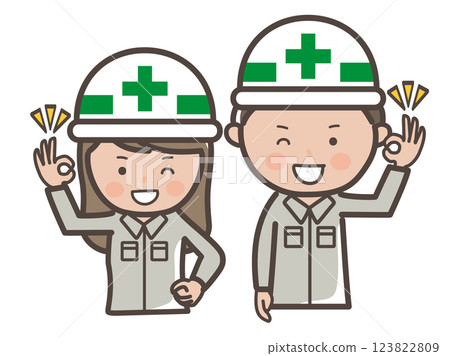 男性和女性建築工人的上身插圖,做出「OK」表示理解的手勢 男性和女性建築工人的上身插圖,做出「OK」表示理解的手勢 123822809