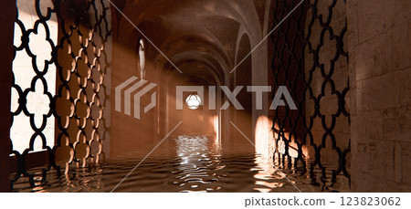 Medieval Tunnel Background, Water Reflections and Sunbeams, 3D Render 123823062