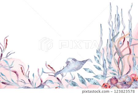 Underwater monochrome soft pink border with seaweed on watercolor splash isolated . Marine life banner with stingray and sea plants in dusty pink and blue hand drawn. Sea life corner frame for design Underwater monochrome soft pink border with seaweed on watercolor splash isolated . Marine life banner with stingray and sea plants in dusty pink and blue hand drawn. Sea life corner frame for design 123823578