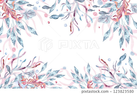 Underwater frame with dusty pink and blue sea plants isolated. Ocean watercolor border with coral branches and delicate marine leaves hand painted for scrapbooking, branding, and digital designs. 123823580
