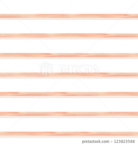 Orange stripped watercolor seamless background isolated on white. Horizontal paintbrush lines on repeat texture in peach colors. Stripes pattern, lines neutral colors hand drawn for textile design. 123823588