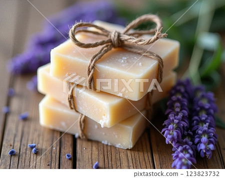 Artisanal Handcrafted  Natural Soap Collection with Fresh Herbs on Rustic  Surface A Botanical Spa Still Life Artisanal Handcrafted  Natural Soap Collection with Fresh Herbs on Rustic  Surface A Botanical Spa Still Life 123823732