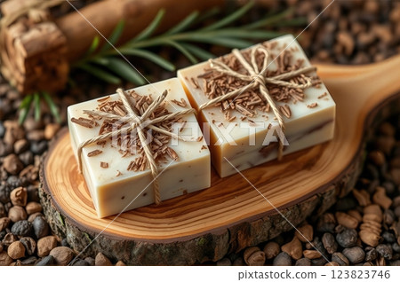 Artisanal Handcrafted  Natural Soap Collection with Fresh Herbs on Rustic  Surface A Botanical Spa Still Life 123823746