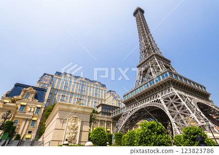 Beautiful view of the Eiffel Tower at Parisian Macao is a casino resort on the Cotai Strip in Macau, China owned by Las Vegas Sands. Beautiful view of the Eiffel Tower at Parisian Macao is a casino resort on the Cotai Strip in Macau, China owned by Las Vegas Sands. 123823786