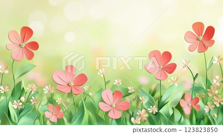 digitally illustrated floral scene featuring red and pink flowers with green leaves 123823850