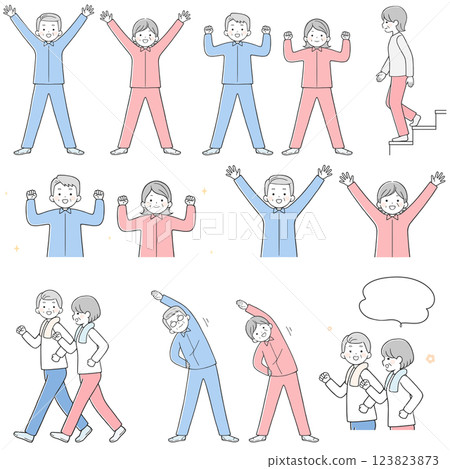 Illustration set of a healthy and energetic senior couple doing exercises, walking, and climbing stairs Illustration set of a healthy and energetic senior couple doing exercises, walking, and climbing stairs 123823873