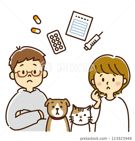 Family and pets thinking about medicine Family and pets thinking about medicine 123823948