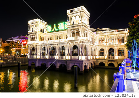Night view of Fisherman's Wharf in Macau, China, the first-ever cultural, themed, and creative attraction in the tourism industry of Macao. Night view of Fisherman's Wharf in Macau, China, the first-ever cultural, themed, and creative attraction in the tourism industry of Macao. 123824112