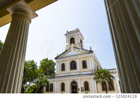 Building view of the Our Lady of Carmel Church in Taipa, Macau, buildings are neoclassical in design. Building view of the Our Lady of Carmel Church in Taipa, Macau, buildings are neoclassical in design. 123824119