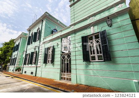 Building view of the Taipa and Coloane History Museum, a traditional Europe Style house at Taipa Village in Macau, China. 123824121