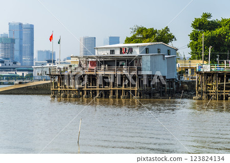 Close-up of the local seaside stilt houses in Coloane fishing village, Macau. 123824134
