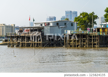 Close-up of the local seaside stilt houses in Coloane fishing village, Macau. 123824135