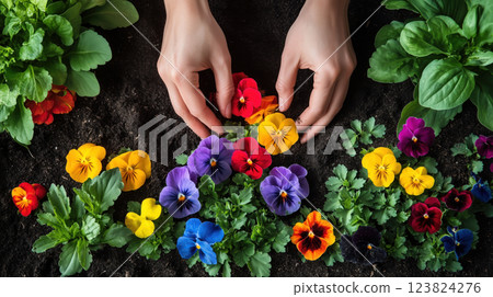 Hands planting colorful flowers in fresh soil, surrounded by gardening tools, vibrant blooms, and green leaves, symbolizing new beginnings and nature rebirth. 123824276