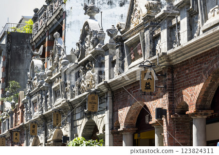Close-up of the Daxi Old Street Building in Taoyuan, Taiwan. The street is the baroque-style architecture built during Japanese rule.  123824311