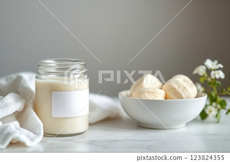 Natural Skincare Beauty Products Lifestyle Composition with Cream Jar, Spa Accessories and Fresh Flowers on White Textile Background Natural Skincare Beauty Products Lifestyle Composition with Cream Jar, Spa Accessories and Fresh Flowers on White Textile Background 123824355
