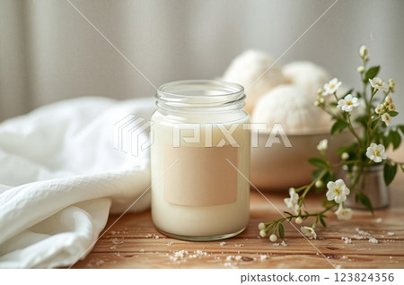Natural Skincare Beauty Products Lifestyle Composition with Cream Jar, Spa Accessories and Fresh Flowers on White Textile Background Natural Skincare Beauty Products Lifestyle Composition with Cream Jar, Spa Accessories and Fresh Flowers on White Textile Background 123824356