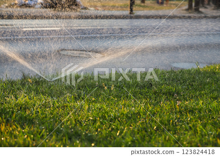 Sprinklers watering a green lawn in Albania during late afternoon under bright sunlight in a suburban area 123824418