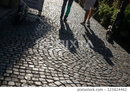 Walking along a cobblestone path during the evening, shadows stretch and dance across the textured surface in a serene outdoor setting Walking along a cobblestone path during the evening, shadows stretch and dance across the textured surface in a serene outdoor setting 123824462