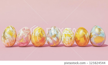 A collection of decorative Easter eggs in gold, yellow, and pastel colors on a pink background A collection of decorative Easter eggs in gold, yellow, and pastel colors on a pink background 123824544