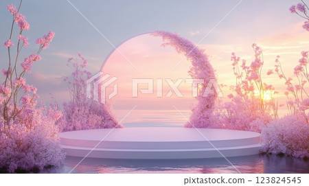 A circular podium surrounded by pink flowers in a surreal dreamy landscape at sunset A circular podium surrounded by pink flowers in a surreal dreamy landscape at sunset 123824545